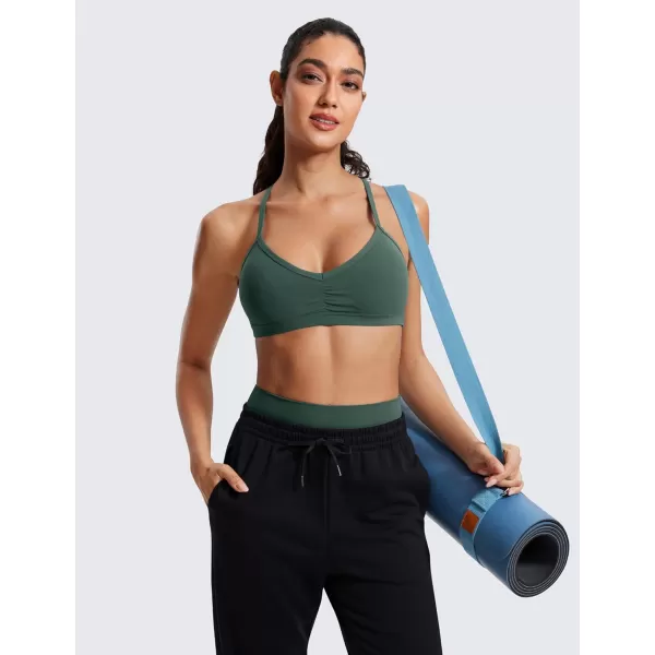 imageCRZ YOGA Butterluxe Womens Ruched V Neck Sports Bra  Y Back Spaghetti Thin Strap Wireless Padded Bra Yoga Crop TopDark Forest Green