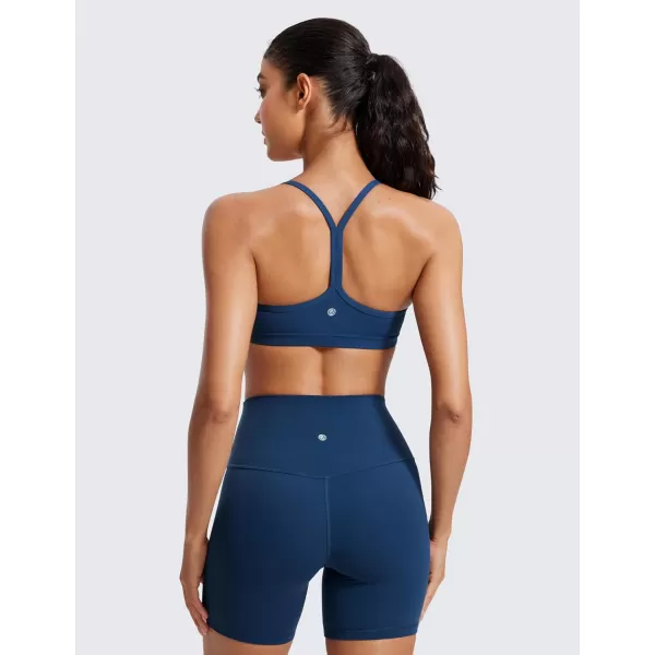 imageCRZ YOGA Butterluxe Womens Ruched V Neck Sports Bra  Y Back Spaghetti Thin Strap Wireless Padded Bra Yoga Crop TopFrench Navy
