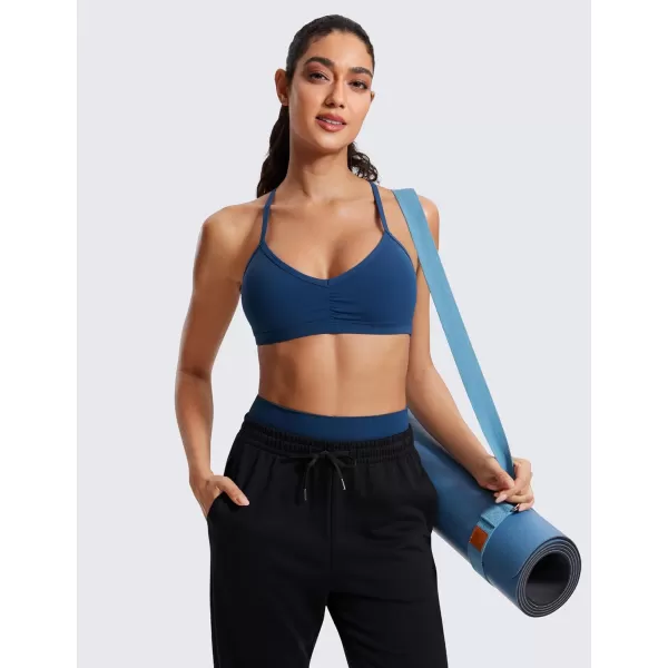 imageCRZ YOGA Butterluxe Womens Ruched V Neck Sports Bra  Y Back Spaghetti Thin Strap Wireless Padded Bra Yoga Crop TopFrench Navy