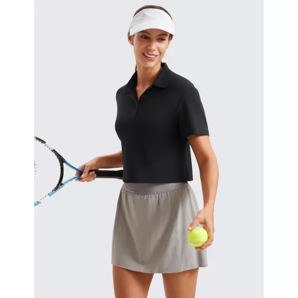 imageCRZ YOGA Golf Crop Polo Shirts for Women 3 Button Collared Quick Dry Tennis TShirt Short Sleeve Workout Athletic TopsBlack