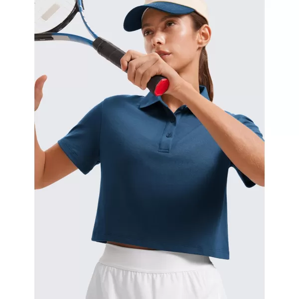 imageCRZ YOGA Golf Crop Polo Shirts for Women 3 Button Collared Quick Dry Tennis TShirt Short Sleeve Workout Athletic TopsFrench Navy