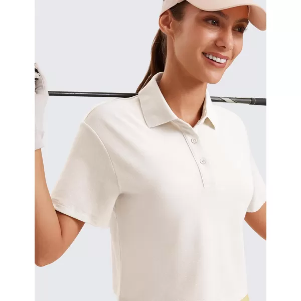 imageCRZ YOGA Golf Crop Polo Shirts for Women 3 Button Collared Quick Dry Tennis TShirt Short Sleeve Workout Athletic TopsMilky White Bone