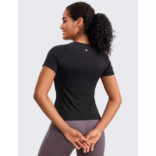 imageCRZ YOGA Seamless Short Sleeve Shirts for Women Breathable Running Workout Tops Athletic Gym Yoga Basic TShirtsBlack