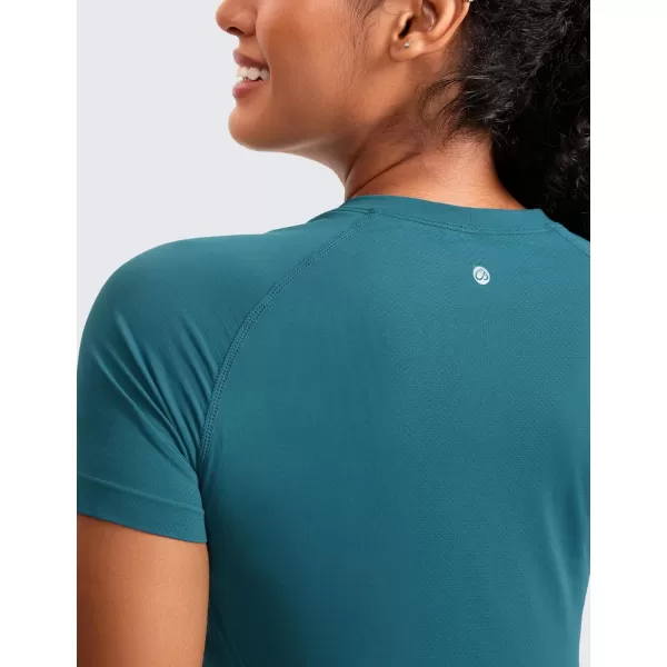 imageCRZ YOGA Seamless Short Sleeve Shirts for Women Breathable Running Workout Tops Athletic Gym Yoga Basic TShirtsGreen Jade