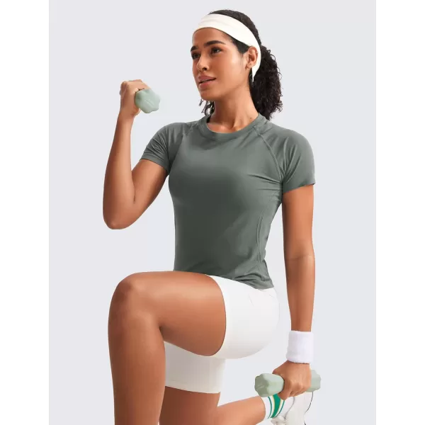 imageCRZ YOGA Seamless Short Sleeve Shirts for Women Breathable Running Workout Tops Athletic Gym Yoga Basic TShirtsGrey Sage