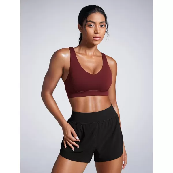 imageCRZ YOGA Womens Butterbreeze Criss Cross Back Sports Bras  V Neck Adjustable Straps Padded Bra Wireless Workout Training BraRed Merlot