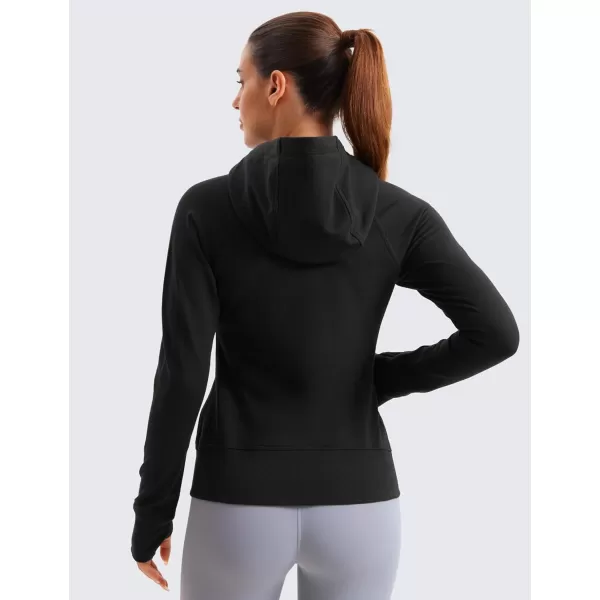 imageCRZ YOGA Womens Fleece Full Zip Hoodie Workout Hooded Zipper Sweatshirts Basic Casual Jackets with Thumb HolesBlack