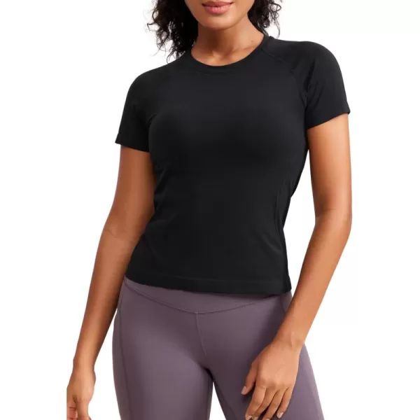 imageCRZ YOGA Seamless Short Sleeve Shirts for Women Breathable Running Workout Tops Athletic Gym Yoga Basic TShirtsBlack