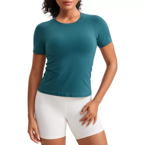 imageCRZ YOGA Seamless Short Sleeve Shirts for Women Breathable Running Workout Tops Athletic Gym Yoga Basic TShirtsGreen Jade