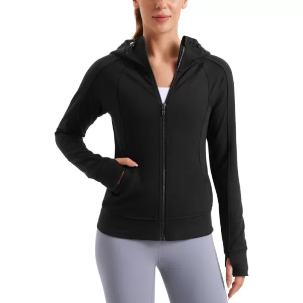 imageCRZ YOGA Womens Fleece Full Zip Hoodie Workout Hooded Zipper Sweatshirts Basic Casual Jackets with Thumb HolesBlack