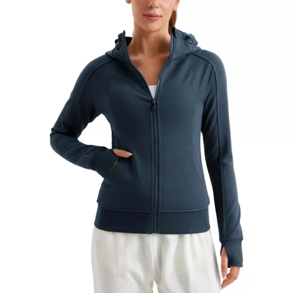 imageCRZ YOGA Womens Fleece Full Zip Hoodie Workout Hooded Zipper Sweatshirts Basic Casual Jackets with Thumb HolesInk Blue