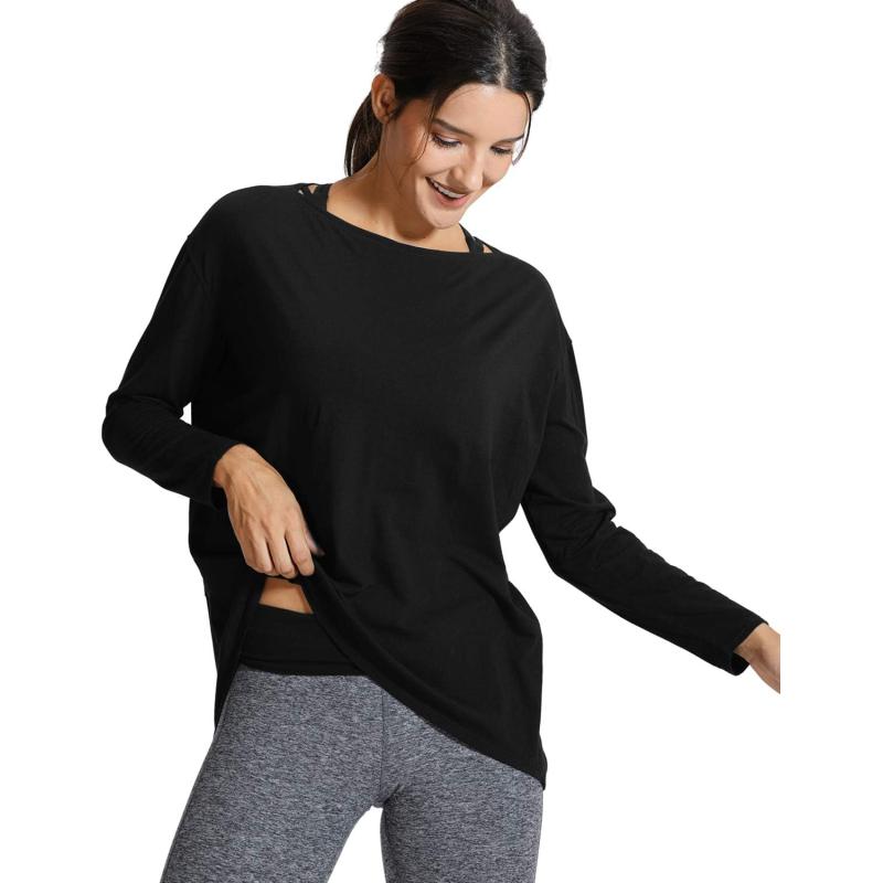 imageCRZ YOGA Pima Cotton Long Sleeve Workout Shirts for Women Loose Fit Athletic Yoga Shirt Casual Boat Neck Fall TopsBlack