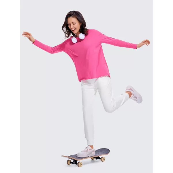 imageCRZ YOGA Pima Cotton Long Sleeve Workout Shirts for Women Loose Fit Athletic Yoga Shirt Casual Boat Neck Fall TopsSonic Pink