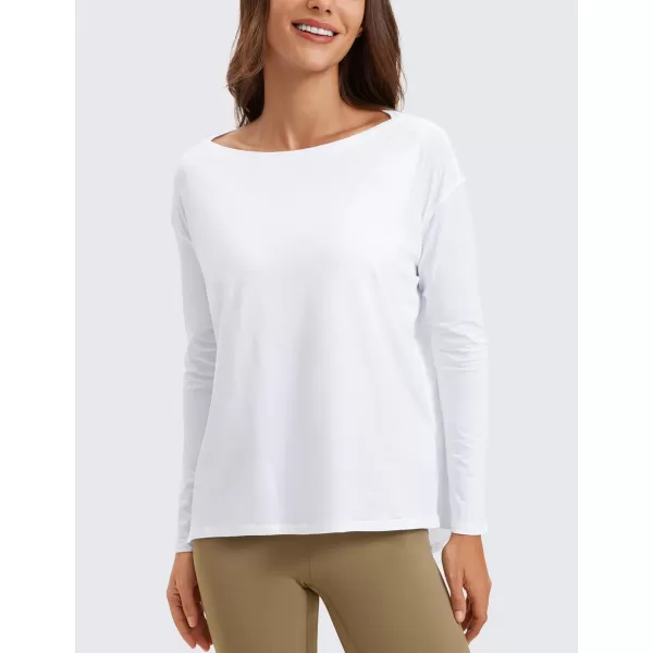 imageCRZ YOGA Pima Cotton Long Sleeve Workout Shirts for Women Loose Fit Athletic Yoga Shirt Casual Boat Neck Fall TopsWhite