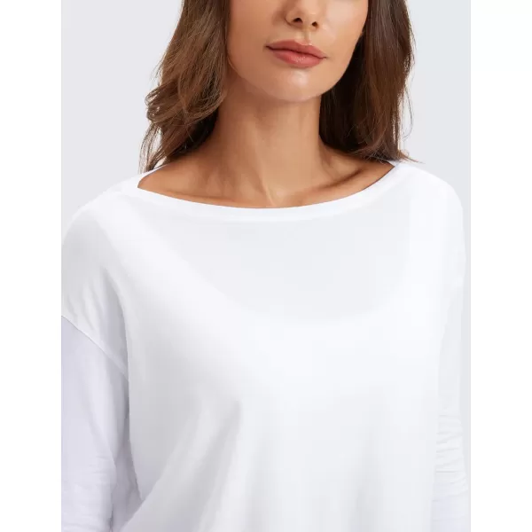 imageCRZ YOGA Pima Cotton Long Sleeve Workout Shirts for Women Loose Fit Athletic Yoga Shirt Casual Boat Neck Fall TopsWhite