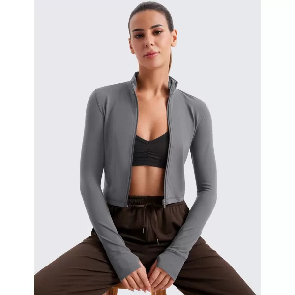 imageCRZ YOGA Womens Butterluxe Full Zip Cropped Workout Jackets Slim Fit Lightweight Athletic Yoga Jacket with Thumb HolesDark Carbon