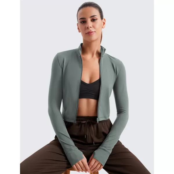 imageCRZ YOGA Womens Butterluxe Full Zip Cropped Workout Jackets Slim Fit Lightweight Athletic Yoga Jacket with Thumb HolesGrey Sage