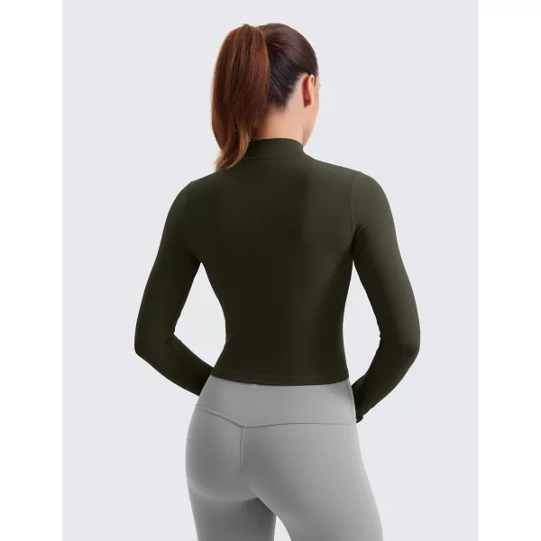 imageCRZ YOGA Womens Butterluxe Full Zip Cropped Workout Jackets Slim Fit Lightweight Athletic Yoga Jacket with Thumb HolesOlive Green