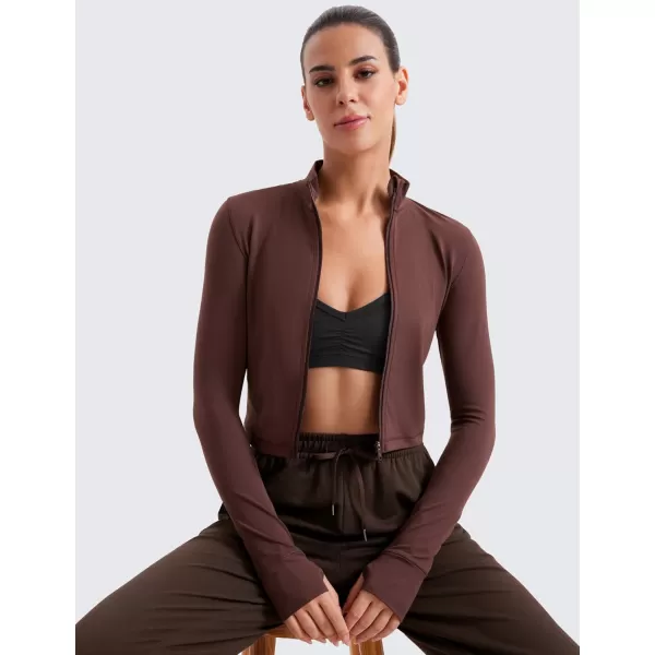 imageCRZ YOGA Womens Butterluxe Full Zip Cropped Workout Jackets Slim Fit Lightweight Athletic Yoga Jacket with Thumb HolesTaupe