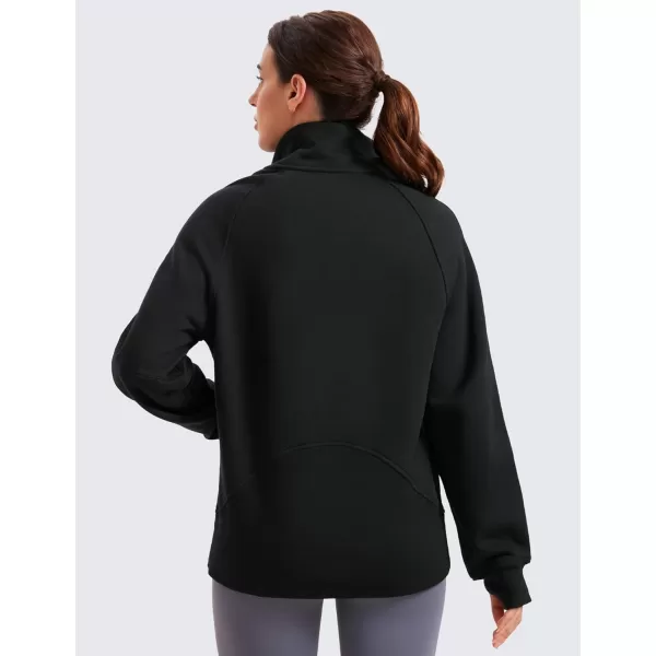 imageCRZ YOGA Womens Fleece Lined Sweatshirts Half Zip Funnel Neck Pullover Long Sleeve Hip Oversized Hoodies with Thumb HolesBlack