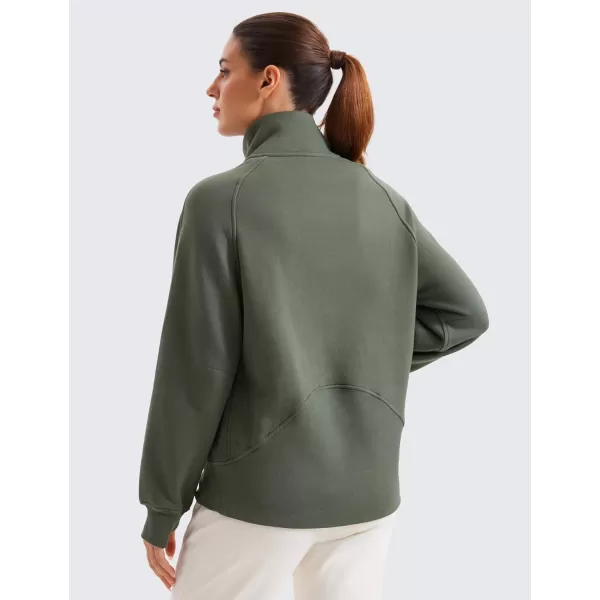 imageCRZ YOGA Womens Fleece Lined Sweatshirts Half Zip Funnel Neck Pullover Long Sleeve Hip Oversized Hoodies with Thumb HolesLight Army Green