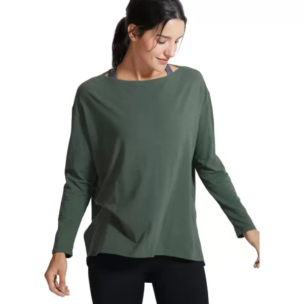 imageCRZ YOGA Pima Cotton Long Sleeve Workout Shirts for Women Loose Fit Athletic Yoga Shirt Casual Boat Neck Fall TopsNature Green