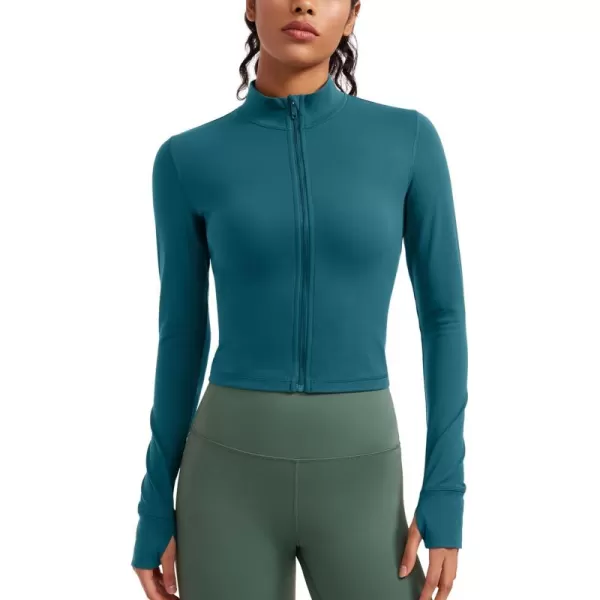 imageCRZ YOGA Womens Butterluxe Full Zip Cropped Workout Jackets Slim Fit Lightweight Athletic Yoga Jacket with Thumb HolesBorealis Green