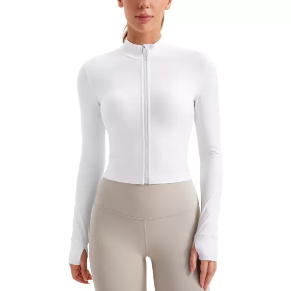 imageCRZ YOGA Womens Butterluxe Full Zip Cropped Workout Jackets Slim Fit Lightweight Athletic Yoga Jacket with Thumb HolesWhite