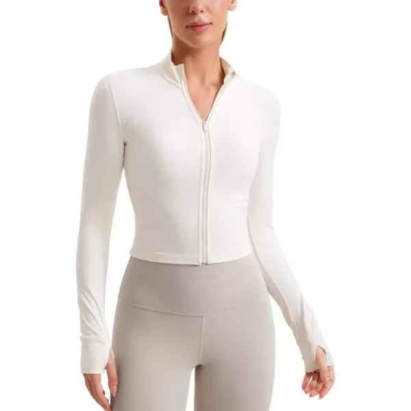 imageCRZ YOGA Womens Butterluxe Full Zip Cropped Workout Jackets Slim Fit Lightweight Athletic Yoga Jacket with Thumb HolesWhite Apricot