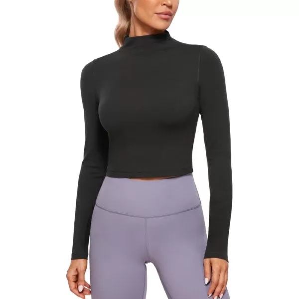 imageCRZ YOGA Womens Butterluxe Mock Turtleneck Long Sleeves Crop Tops Slim Fit Workout Casual TShirt Base Layer Fall ShirtsBlack