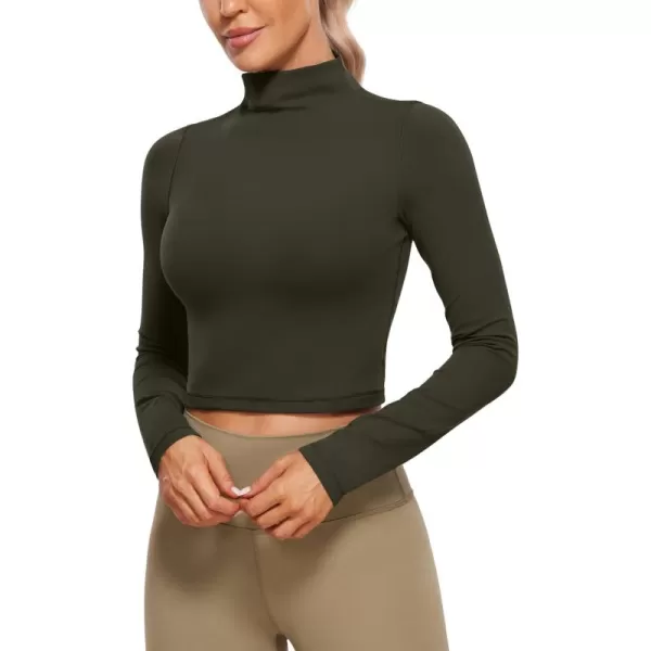 imageCRZ YOGA Womens Butterluxe Mock Turtleneck Long Sleeves Crop Tops Slim Fit Workout Casual TShirt Base Layer Fall ShirtsOlive Green