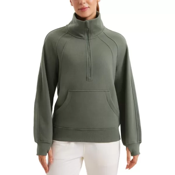 imageCRZ YOGA Womens Fleece Lined Sweatshirts Half Zip Funnel Neck Pullover Long Sleeve Hip Oversized Hoodies with Thumb HolesLight Army Green