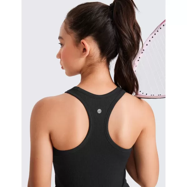 imageCRZ YOGA Girls Seamless Ribbed Longline Sports Bra  High Neck Racerback Training Yoga Bra for Teens Kids Dance Crop TopBlack