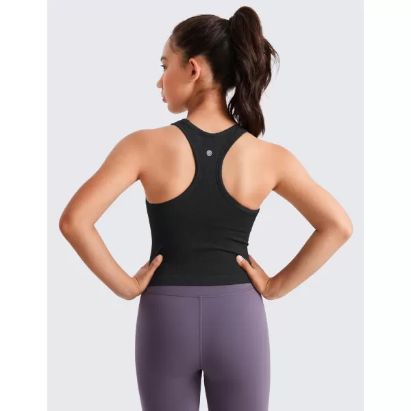 imageCRZ YOGA Girls Seamless Ribbed Longline Sports Bra  High Neck Racerback Training Yoga Bra for Teens Kids Dance Crop TopBlack