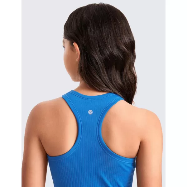 imageCRZ YOGA Girls Seamless Ribbed Longline Sports Bra  High Neck Racerback Training Yoga Bra for Teens Kids Dance Crop TopSparkle Blue