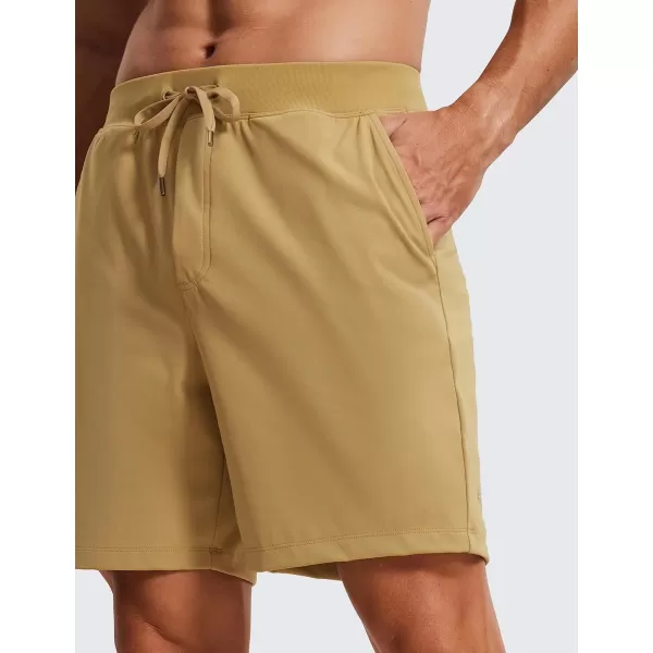 imageCRZ YOGA Mens FourWay Stretch Workout Shorts  7 Soft Durable Casual Athletic Shorts with Pockets Gym Running HikingKhaki Sand