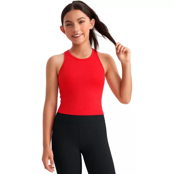 imageCRZ YOGA Girls Seamless Ribbed Longline Sports Bra  High Neck Racerback Training Yoga Bra for Teens Kids Dance Crop TopDeep Red