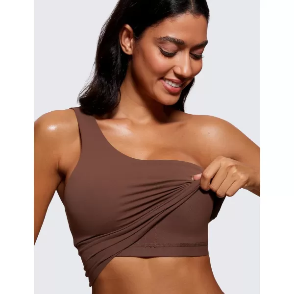 imageCRZ YOGA Butterluxe One Shoulder Longline Sports Bra for Women  Asymmetrical Yoga Bra Workout Crop Built in Bra Tank TopsCoffee Brown