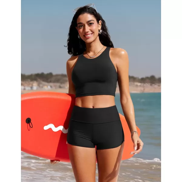 imageCRZ YOGA Womens 3 Swim Shorts  High Waisted Board Shorts Quick Dry Bathing Suit Bottoms Dolphin Boy Shorts with LinerBlack