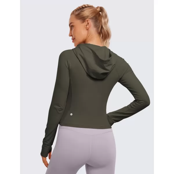 imageCRZ YOGA Womens Butterluxe Full Zip Workout Hoodie Jackets Slim Fit Hooded Athletic Yoga Lightweight Jacket with Thumb HolesLight Army Green