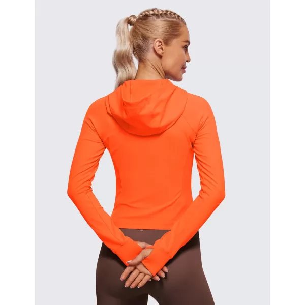 imageCRZ YOGA Womens Butterluxe Full Zip Workout Hoodie Jackets Slim Fit Hooded Athletic Yoga Lightweight Jacket with Thumb HolesNeon Orange
