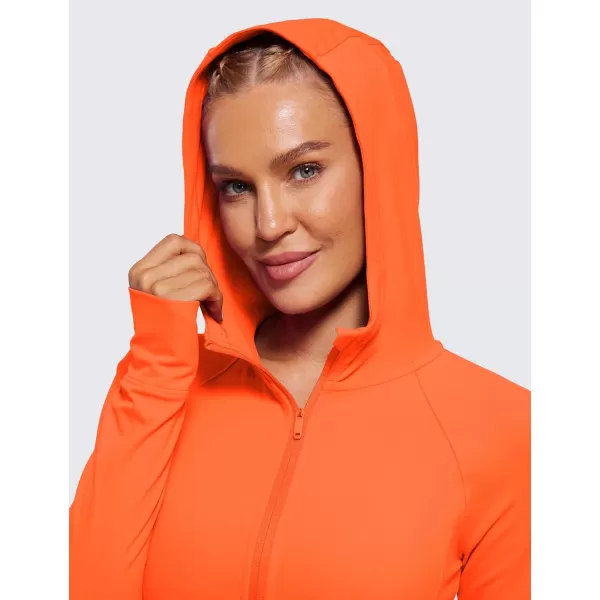 imageCRZ YOGA Womens Butterluxe Full Zip Workout Hoodie Jackets Slim Fit Hooded Athletic Yoga Lightweight Jacket with Thumb HolesNeon Orange
