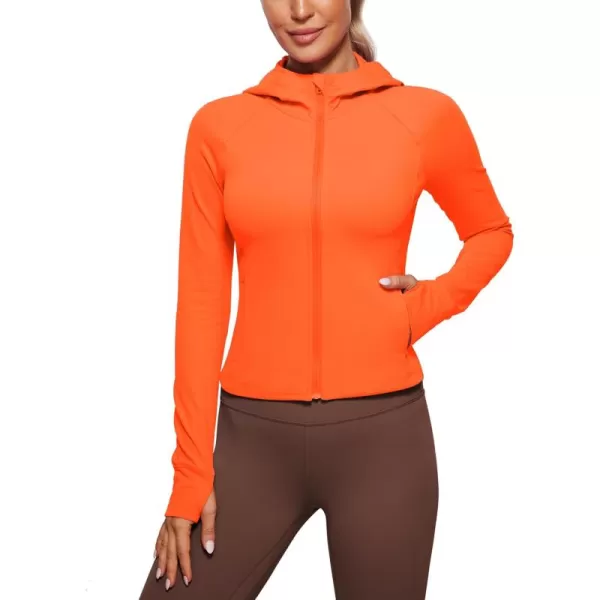 imageCRZ YOGA Womens Butterluxe Full Zip Workout Hoodie Jackets Slim Fit Hooded Athletic Yoga Lightweight Jacket with Thumb HolesNeon Orange