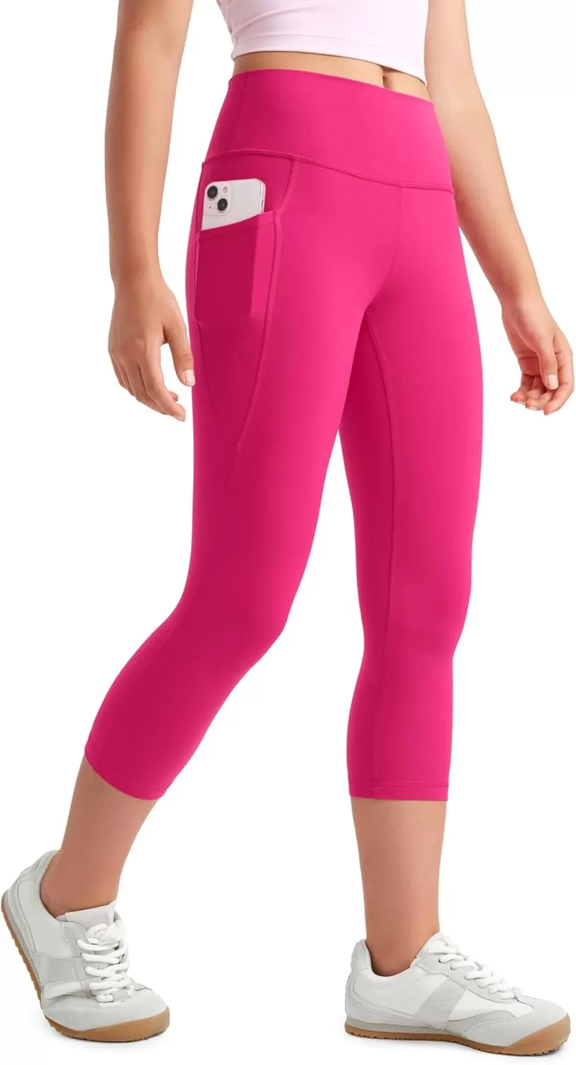 imageCRZ YOGA Girls Butterluxe Athletic Capri Leggings with Pockets  High Waist Kids Teen Workout Active Yoga Pants Dance TightsGranita Pink