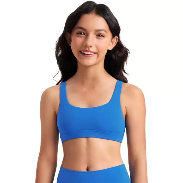 imageCRZ YOGA Girls Butterluxe Training Sports Bra  Scoop Neck U Back Yoga Bra for Teens Kids Dance Crop TopSparkle Blue