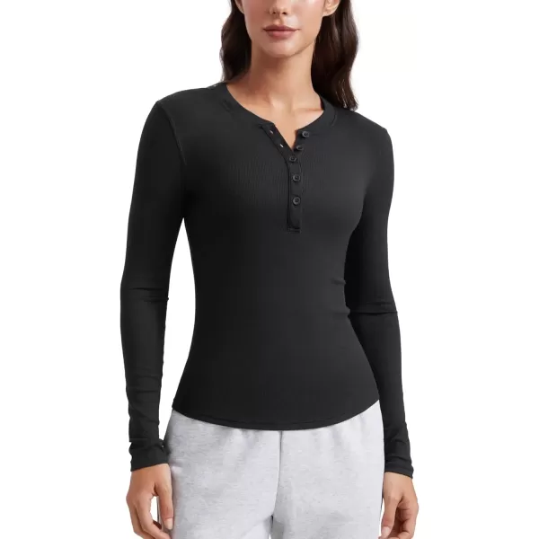 imageCRZ YOGA Ribbed Modal Casual Long Sleeve Henley Shirts for Women Soft Stretchy Knit Layering Basic Fitted Athletic TopsBlack