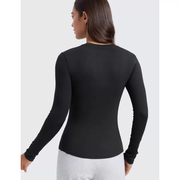 imageCRZ YOGA Ribbed Modal Casual Long Sleeve Henley Shirts for Women Soft Stretchy Knit Layering Basic Fitted Athletic TopsBlack