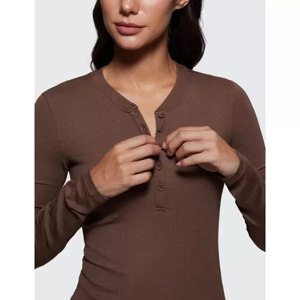 imageCRZ YOGA Ribbed Modal Casual Long Sleeve Henley Shirts for Women Soft Stretchy Knit Layering Basic Fitted Athletic TopsCoffee Brown