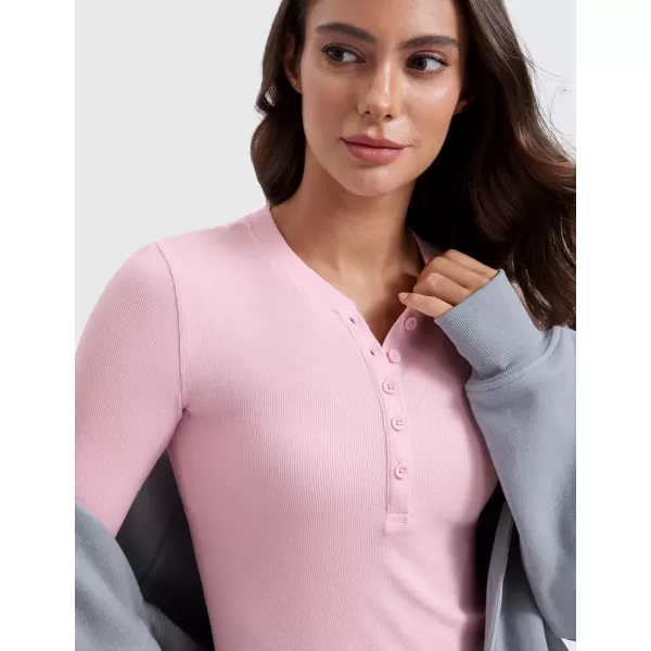 imageCRZ YOGA Ribbed Modal Casual Long Sleeve Henley Shirts for Women Soft Stretchy Knit Layering Basic Fitted Athletic TopsPink Peony