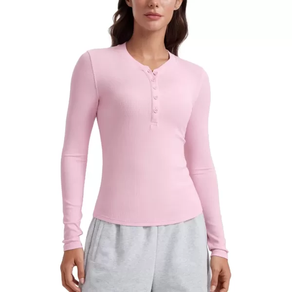 imageCRZ YOGA Ribbed Modal Casual Long Sleeve Henley Shirts for Women Soft Stretchy Knit Layering Basic Fitted Athletic TopsPink Peony